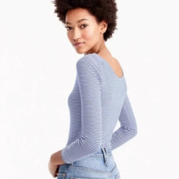 J. Crew, New, Nautical Blue Striped Form Knit Bodysuit Top, Size Medium - Picture 3 of 14